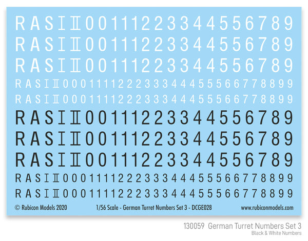~130059 German Turret Numbers Set #3 (Black & White Lettering) Decal Sheet